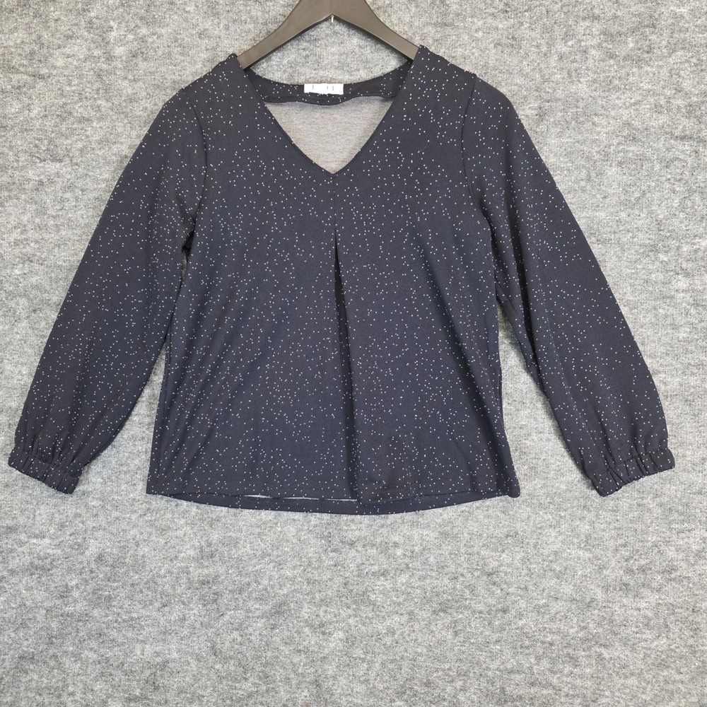 THML Blouse Womens Size Small Navy Blue Dotted Long Sleeve V Neck 
Casual Top‎